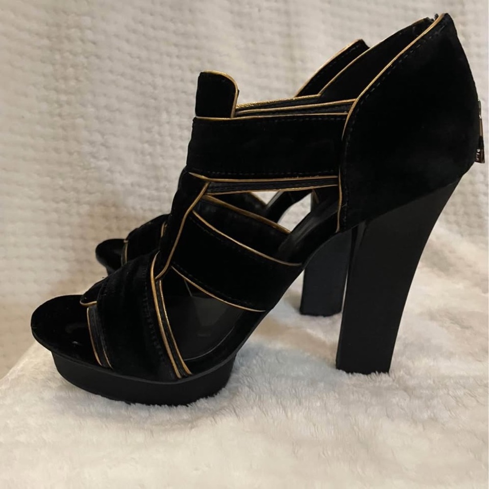 Tory Burch Black Velvet Strappy Platform Heels with Gold Piping